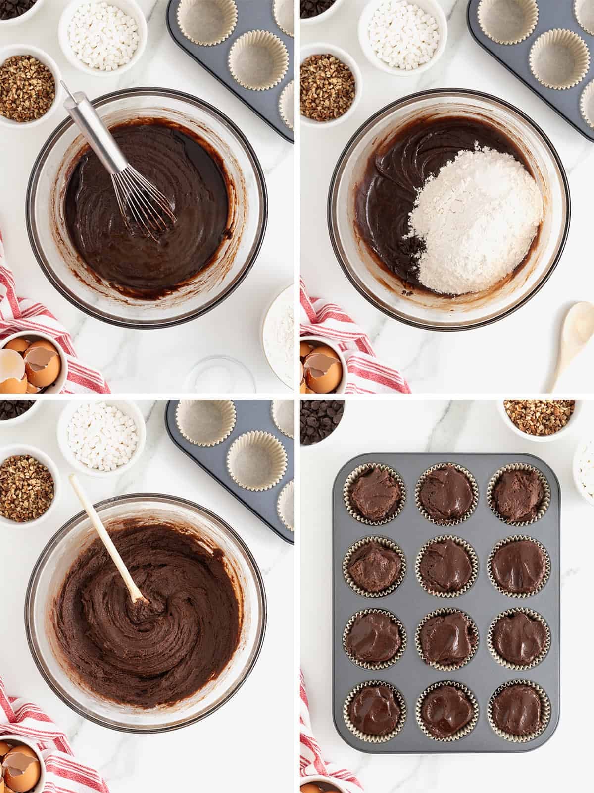 Steps to make rocky road brownie cupcake batter.