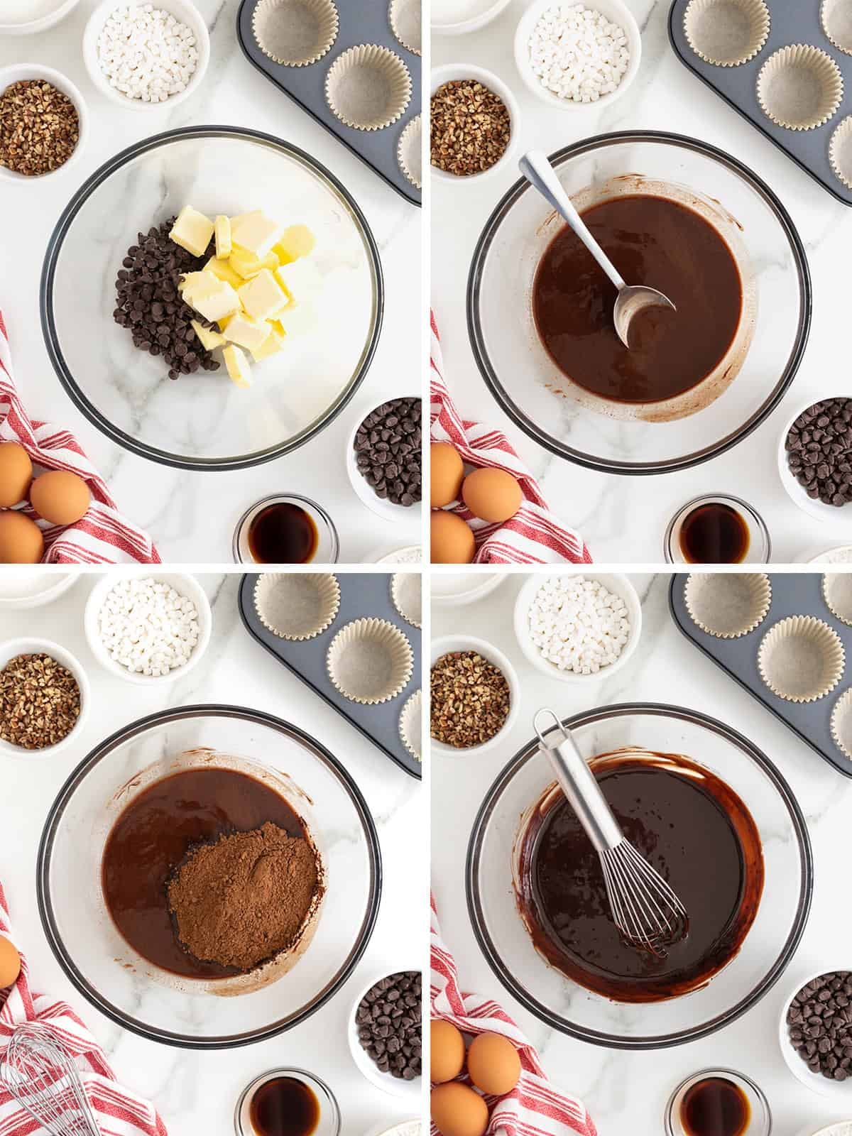 Steps to make rocky road brownie cupcakes.