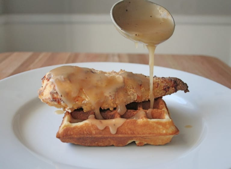 Oven-Fried Chicken and Waffles with Maple Gravy - The BakerMama
