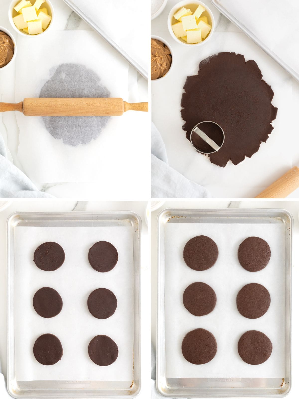 Steps to make peanut butter filled chocolate sandwich cookies.