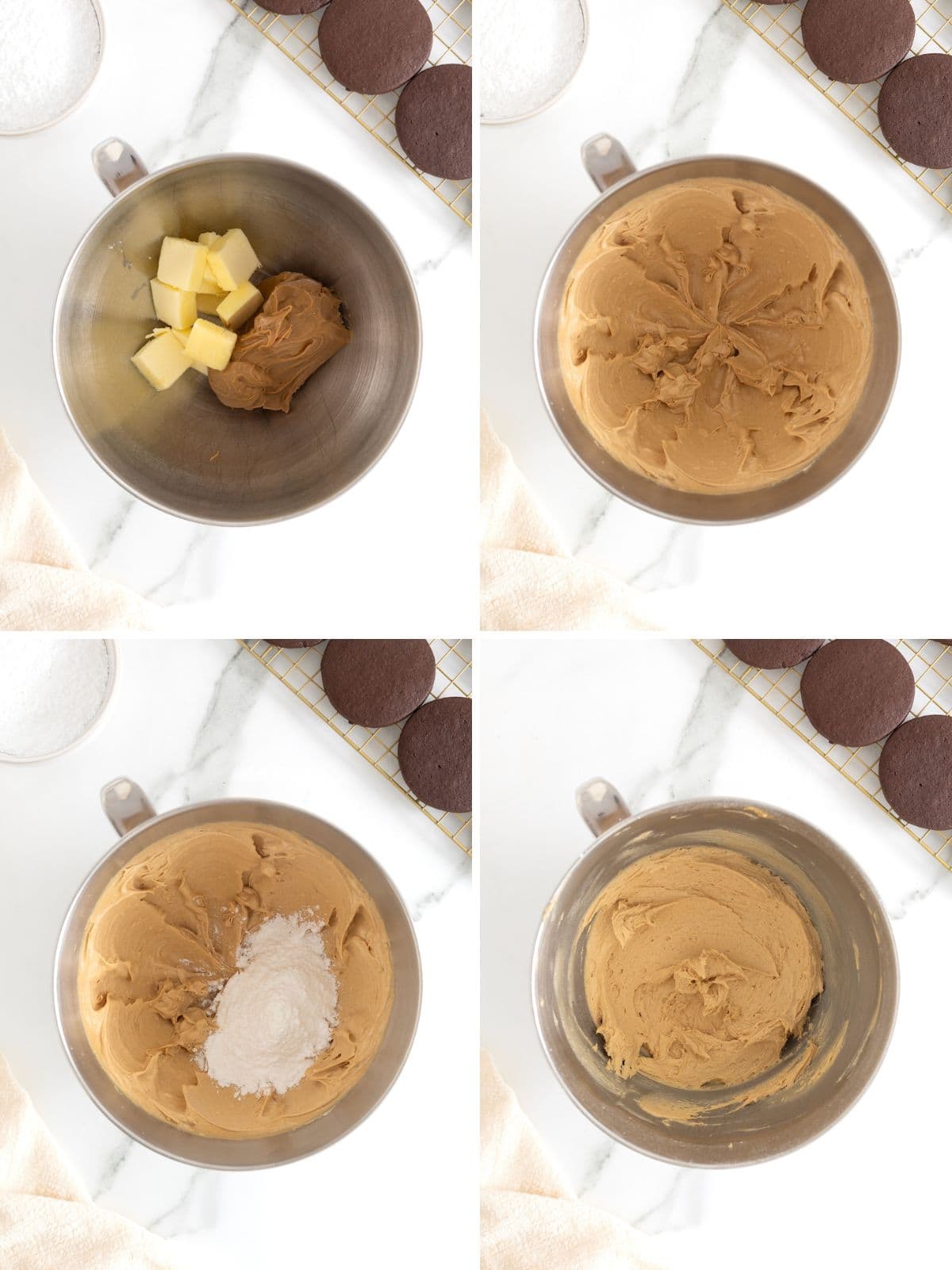 Steps to make peanut butter filled chocolate sandwich cookies.