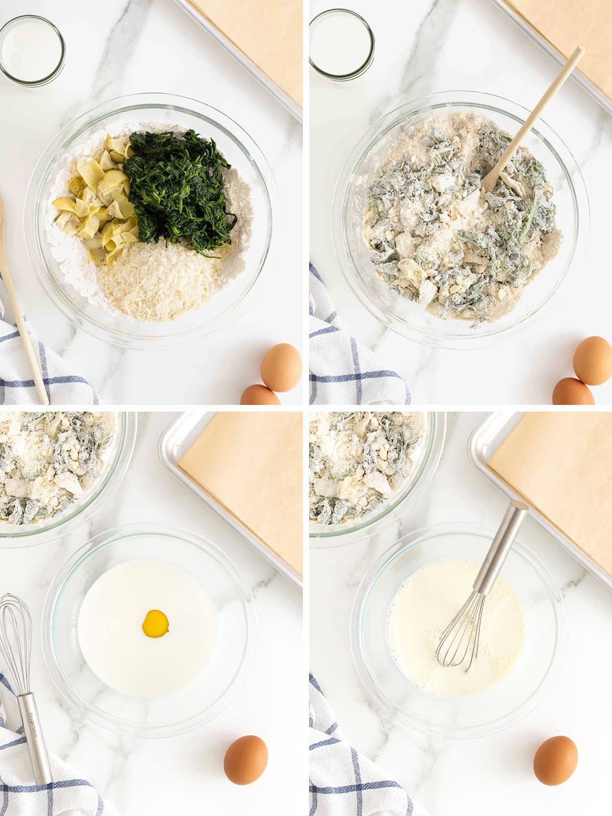 Steps to make spinach artichoke scones.