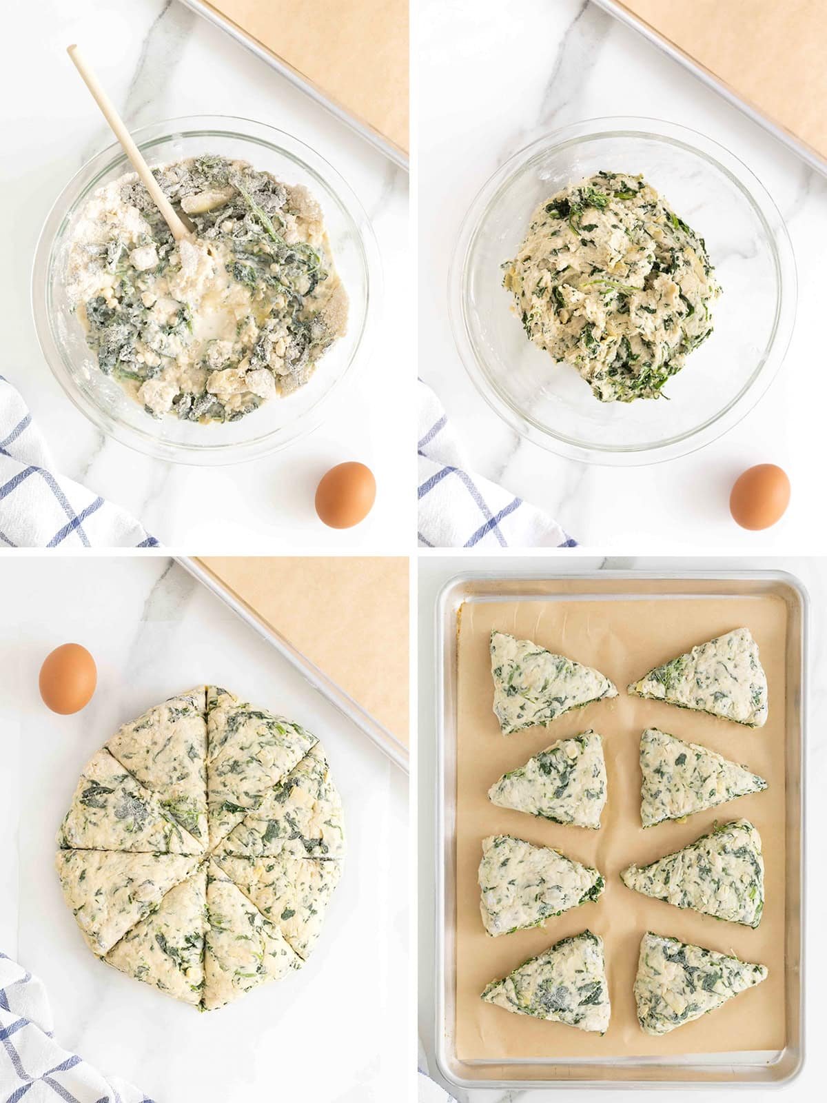 Steps to make spinach artichoke scones.