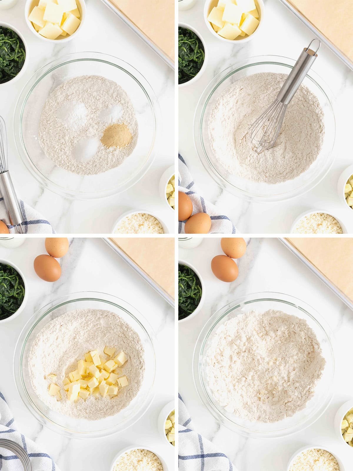 Steps to make spinach artichoke scones.