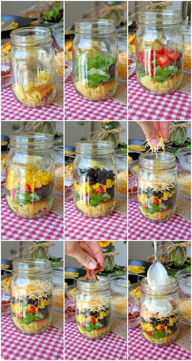 Cornbread Salad that can be layered in individual jars or a big serving bowl. Party perfect!