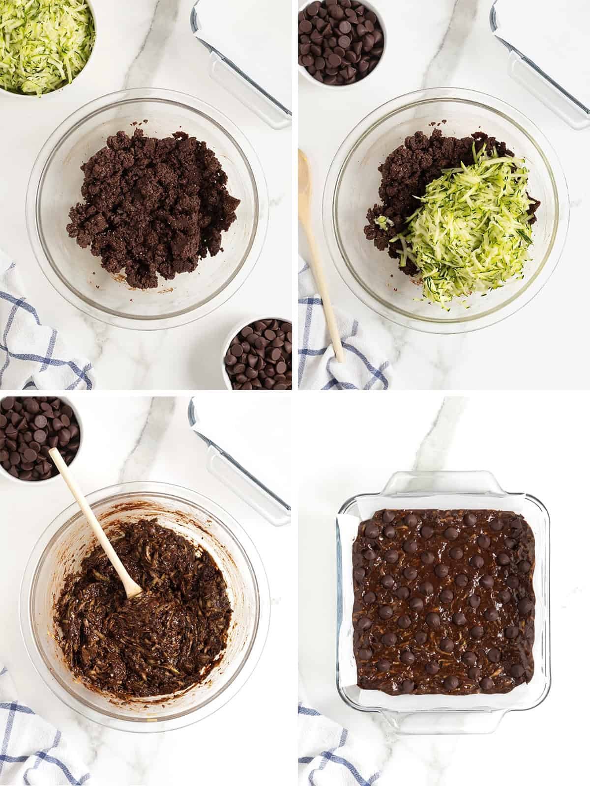 Steps to make dark chocolate zucchini brownies.