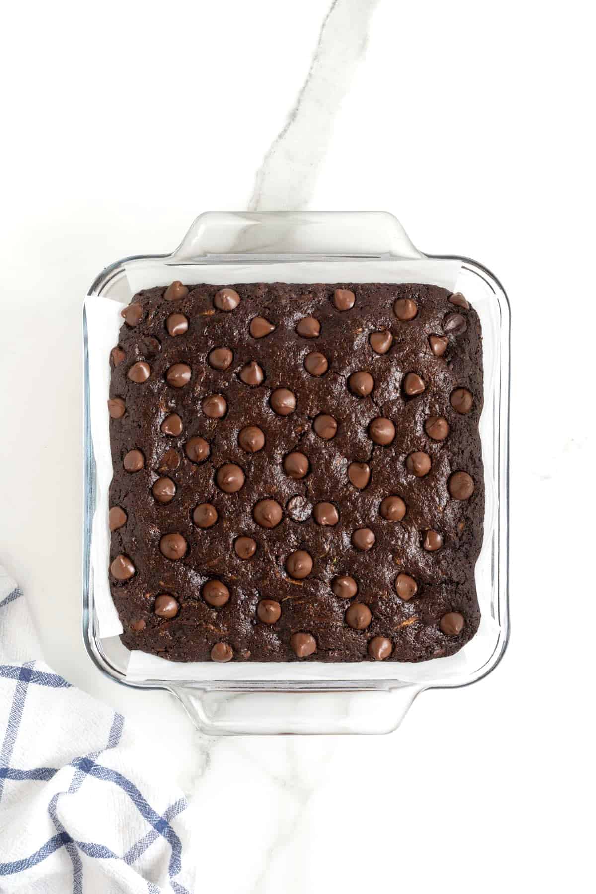 A square glass baking dish of brownies with chocolate chips baked on top.