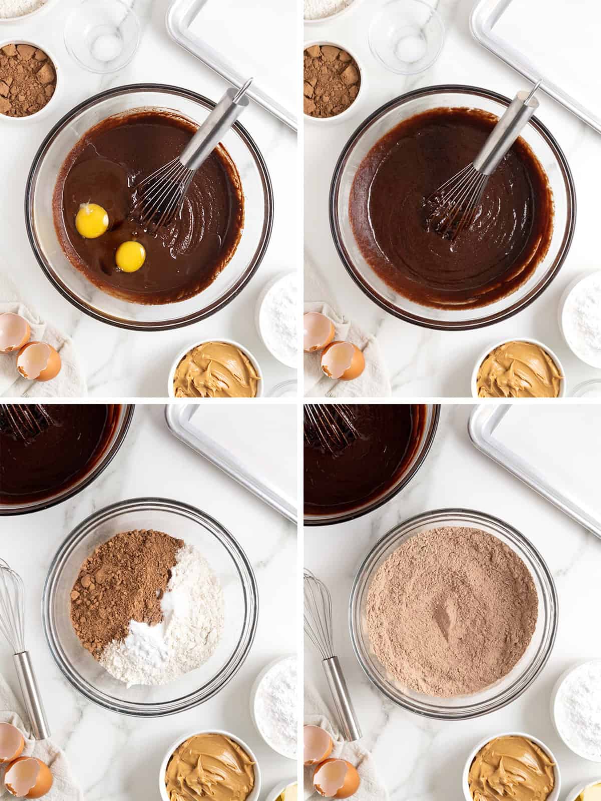 Steps to make chocolate peanut butter layered cookie cake.