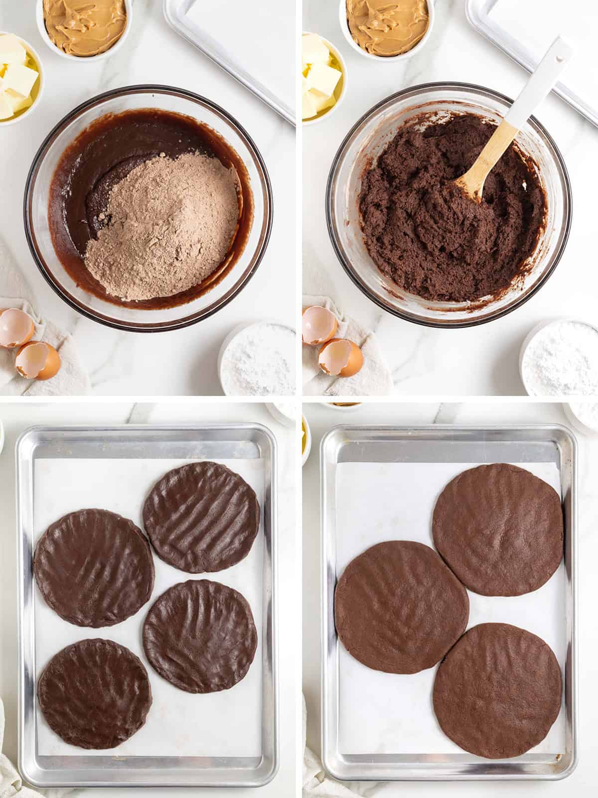 Steps to make chocolate peanut butter layered cookie cake.