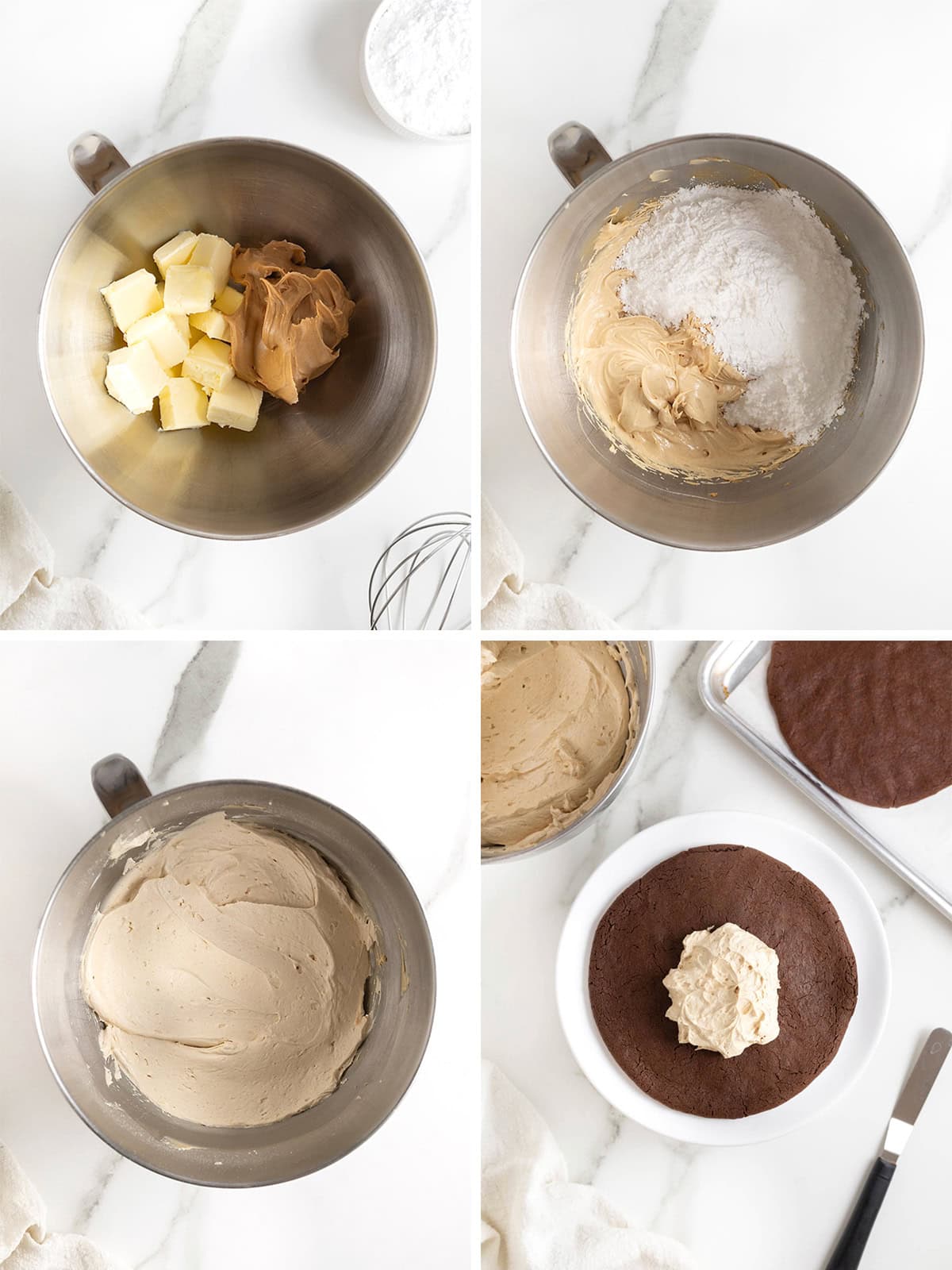 Steps to make peanut butter chocolate layered cookie cake.