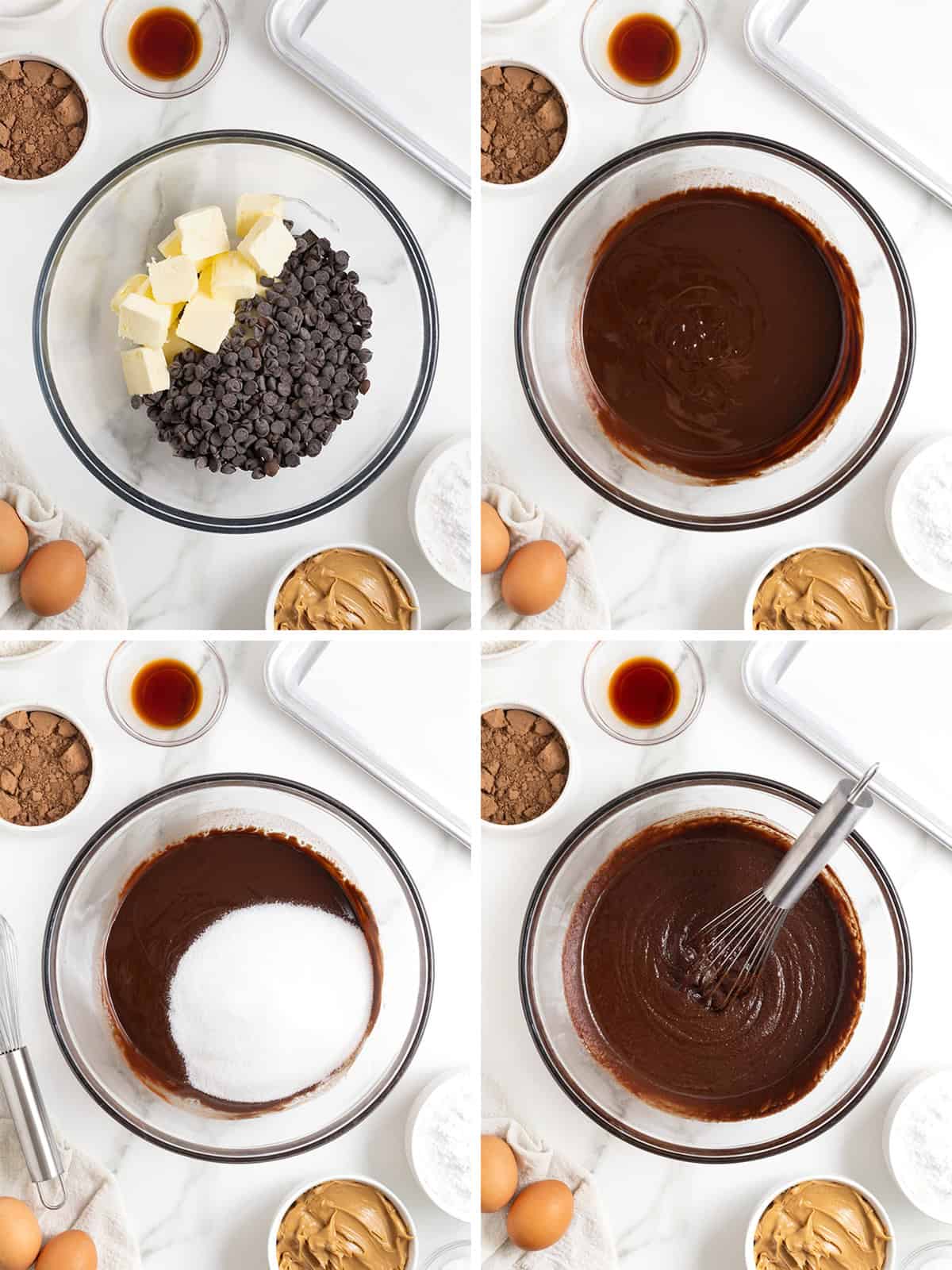 Steps to make chocolate peanut butter layered cookie cake.