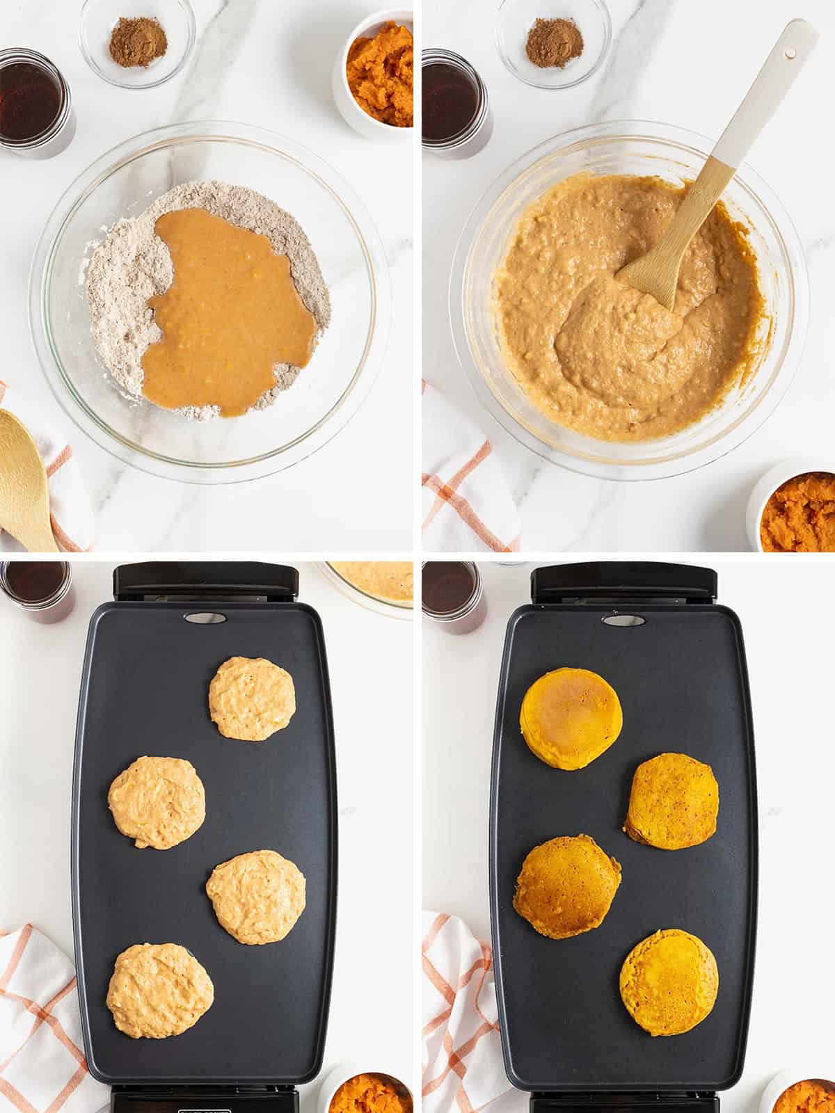 Steps to make pumpkin banana pancakes.