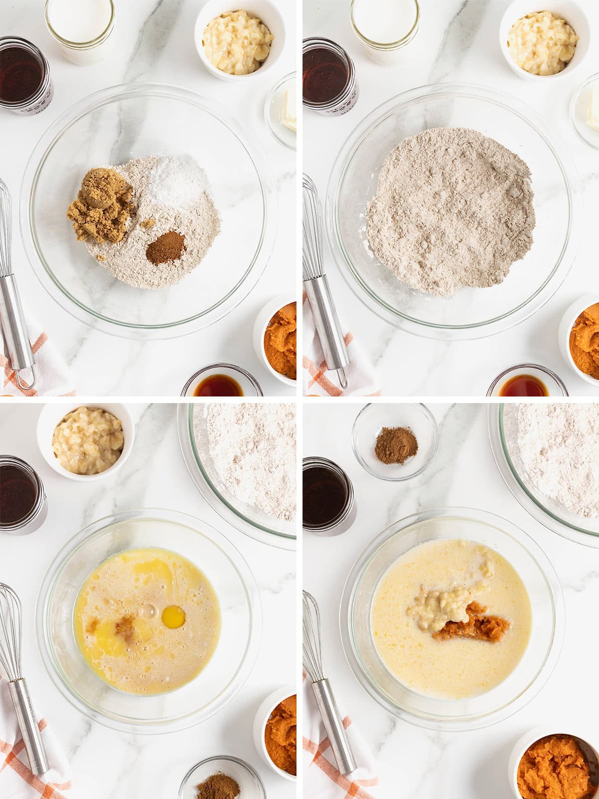 Steps to make pumpkin banana pancakes.