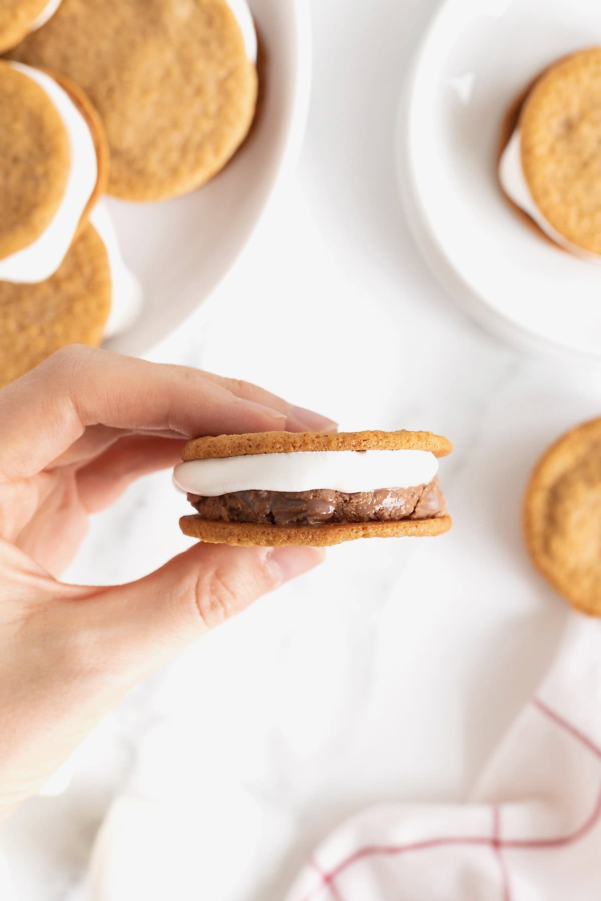 A hand holding a s'mores ice cream sandwich.