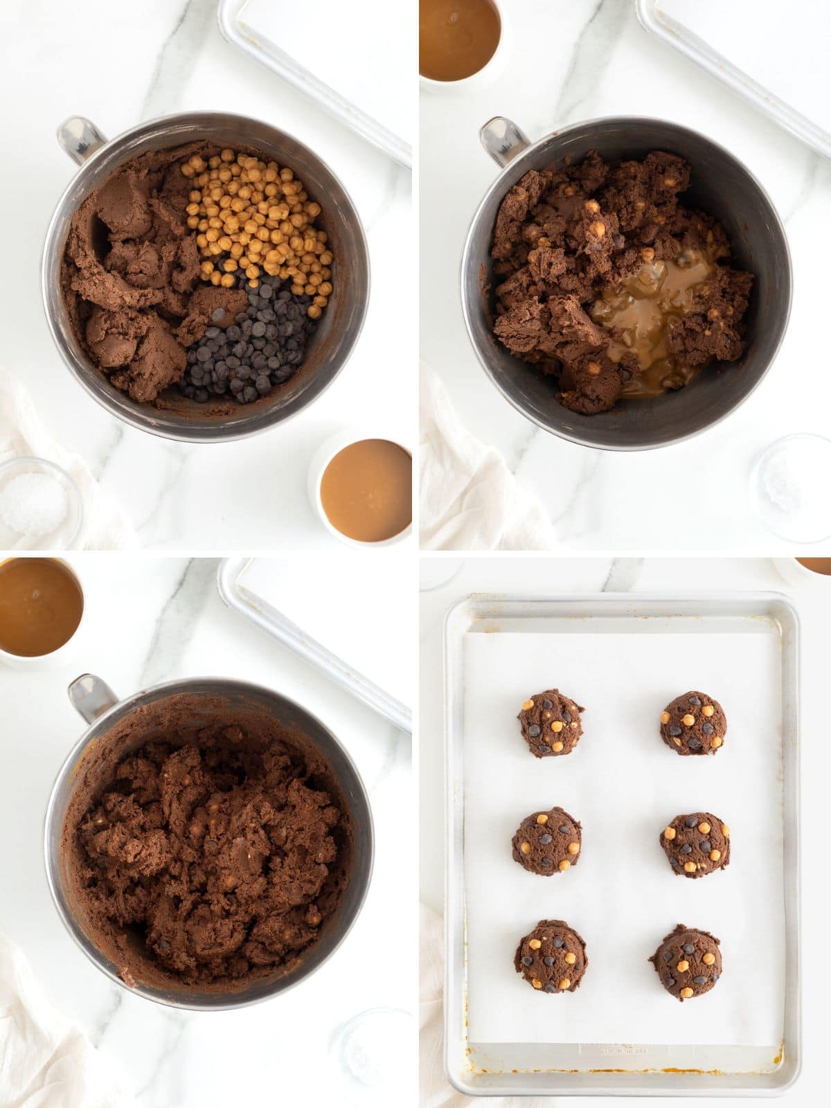 Steps to make salted caramel dark chocolate cookies.