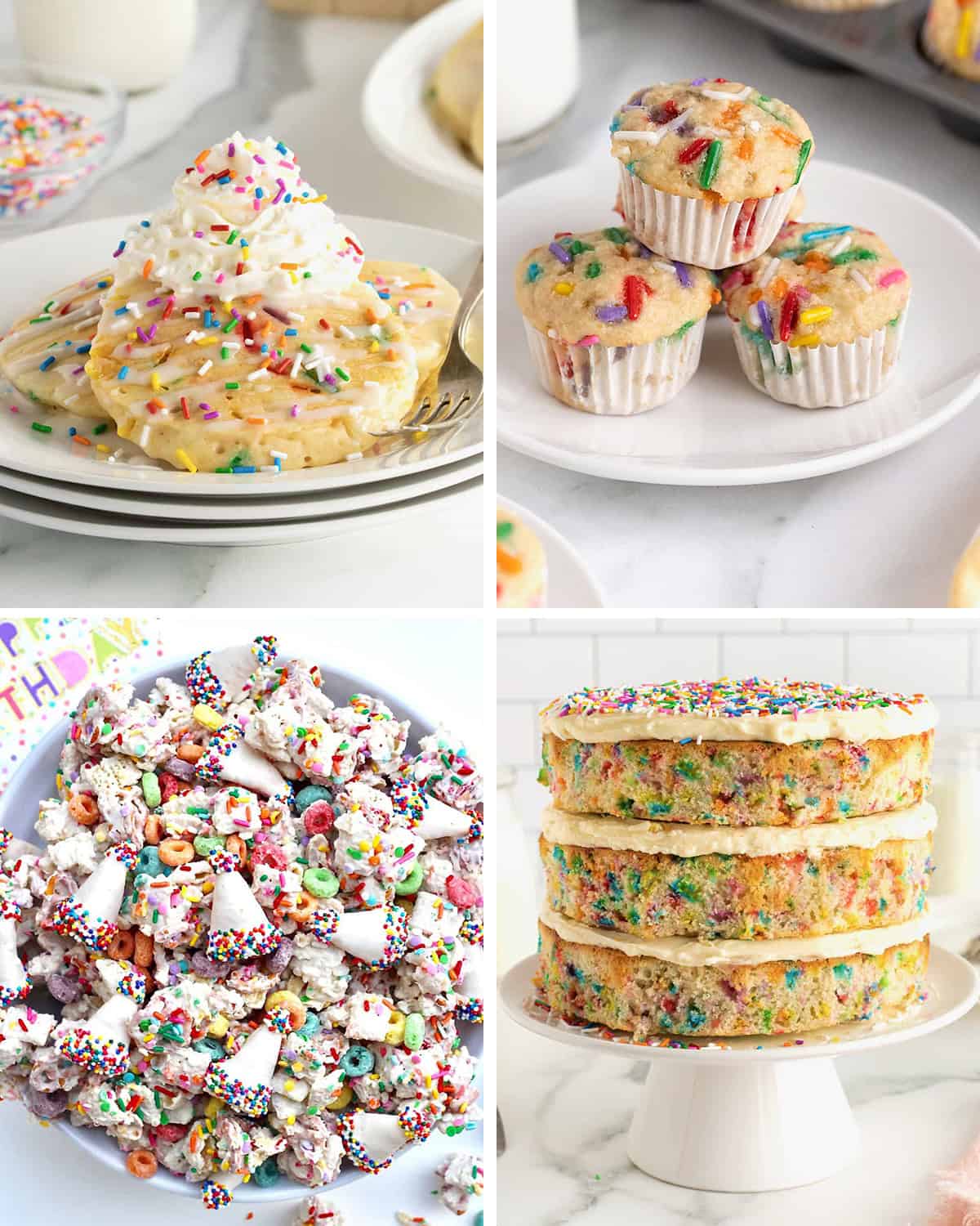 Confetti pancakes, birthday breakfast mini muffins, birthday snack mix, and naked confetti cake.