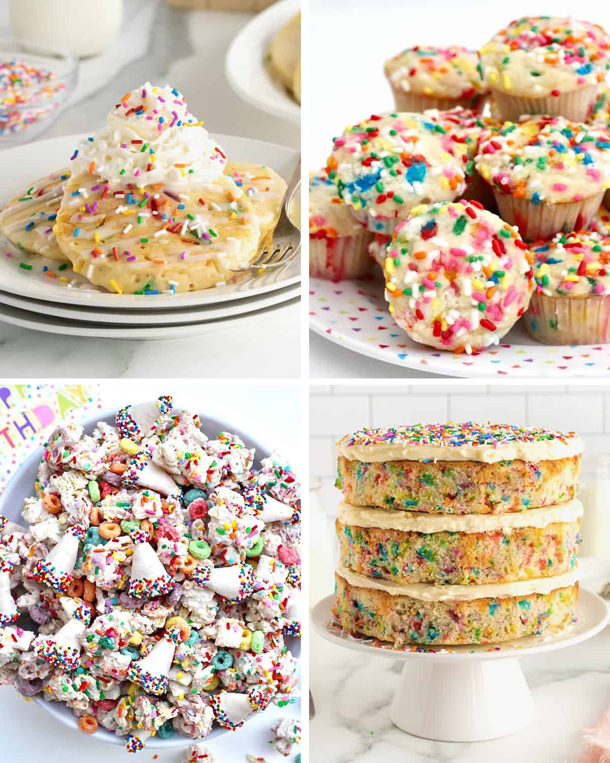 Confetti pancakes, birthday breakfast muffins, birthday snack mix and confetti birthday cake.