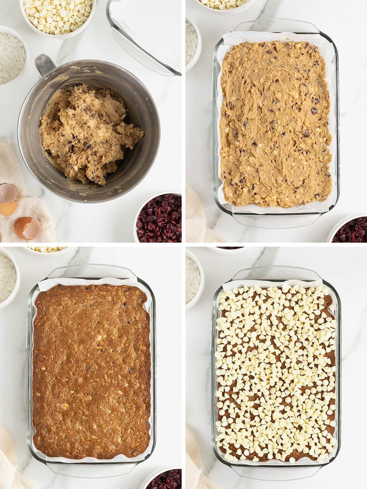 Steps to make Cranberry Coconut White Chocolate Bars.