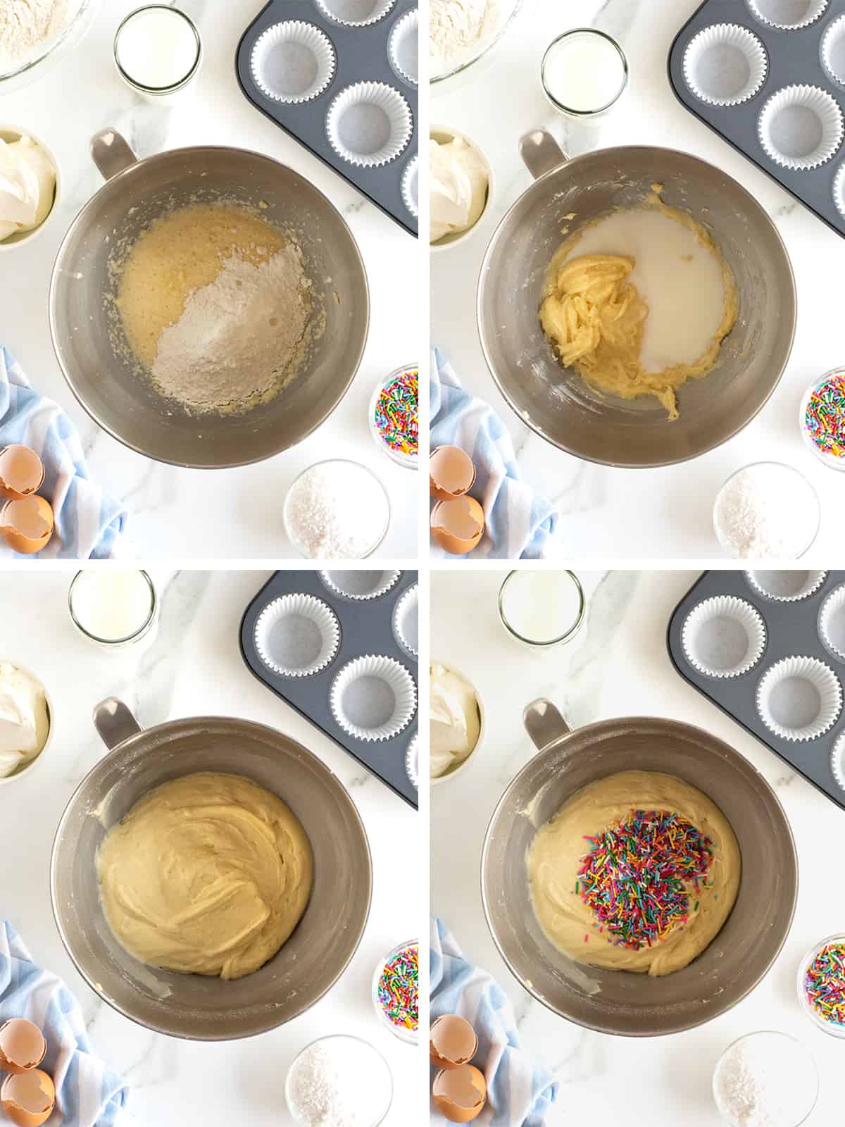 Steps to make vanilla confetti cupcakes.