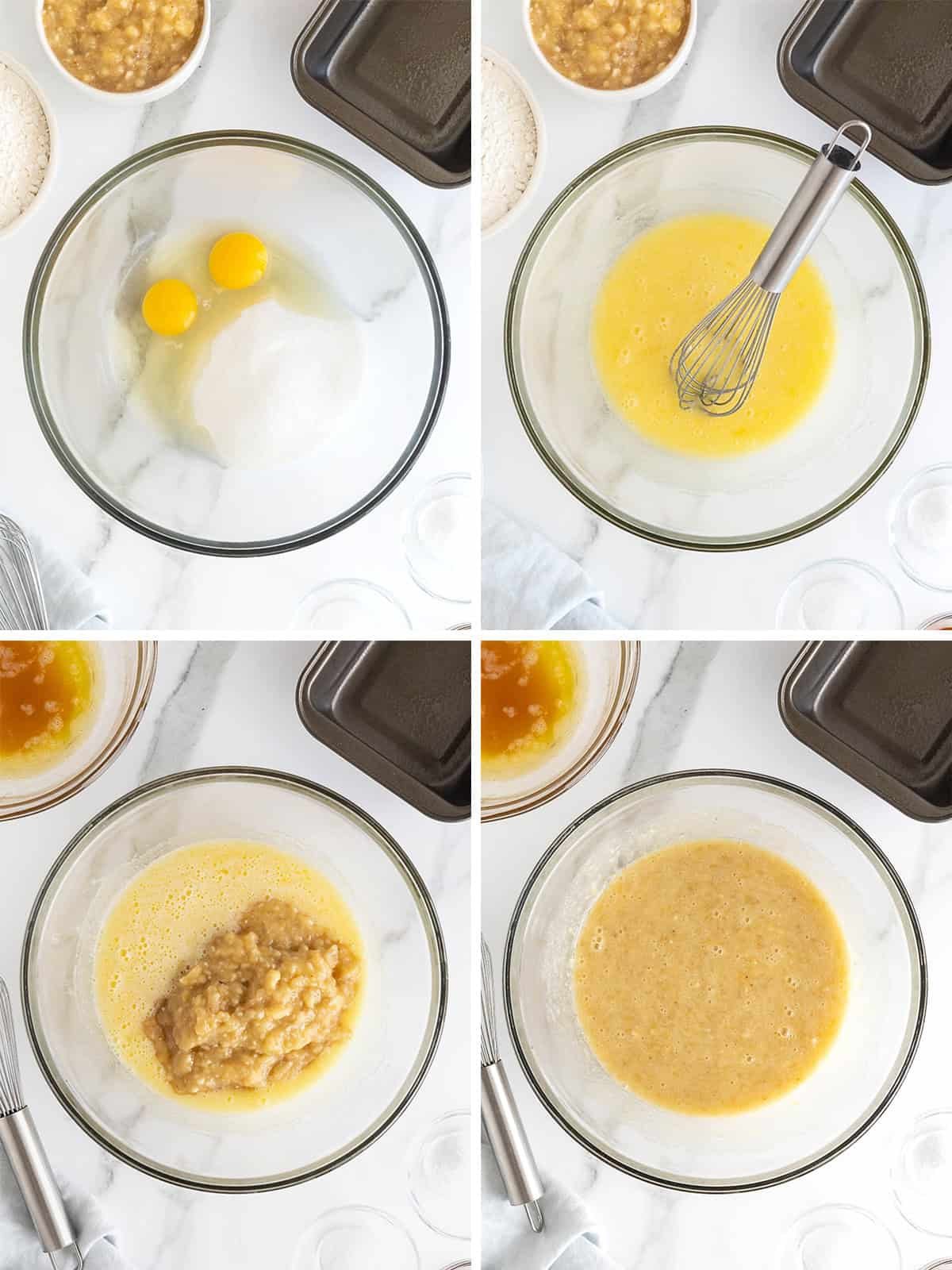 Steps to make brown butter banana bread batter.