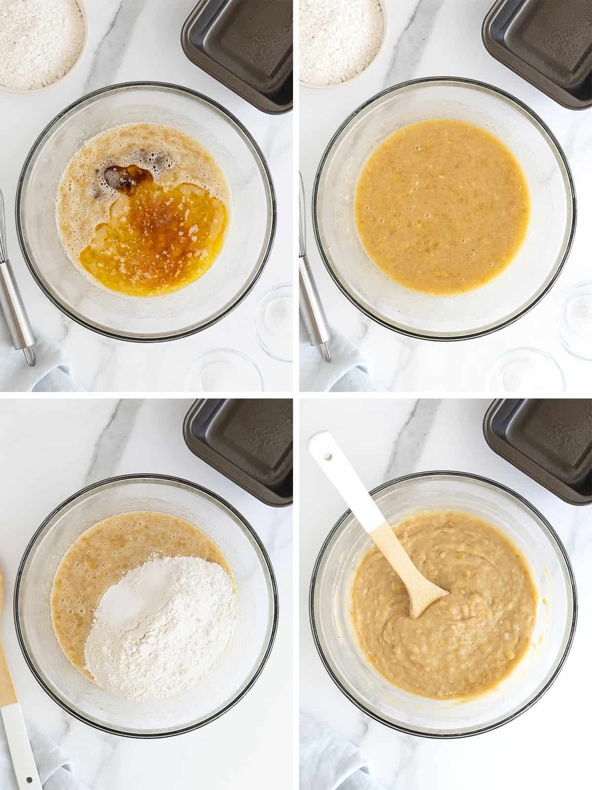 Steps to make brown butter banana bread.
