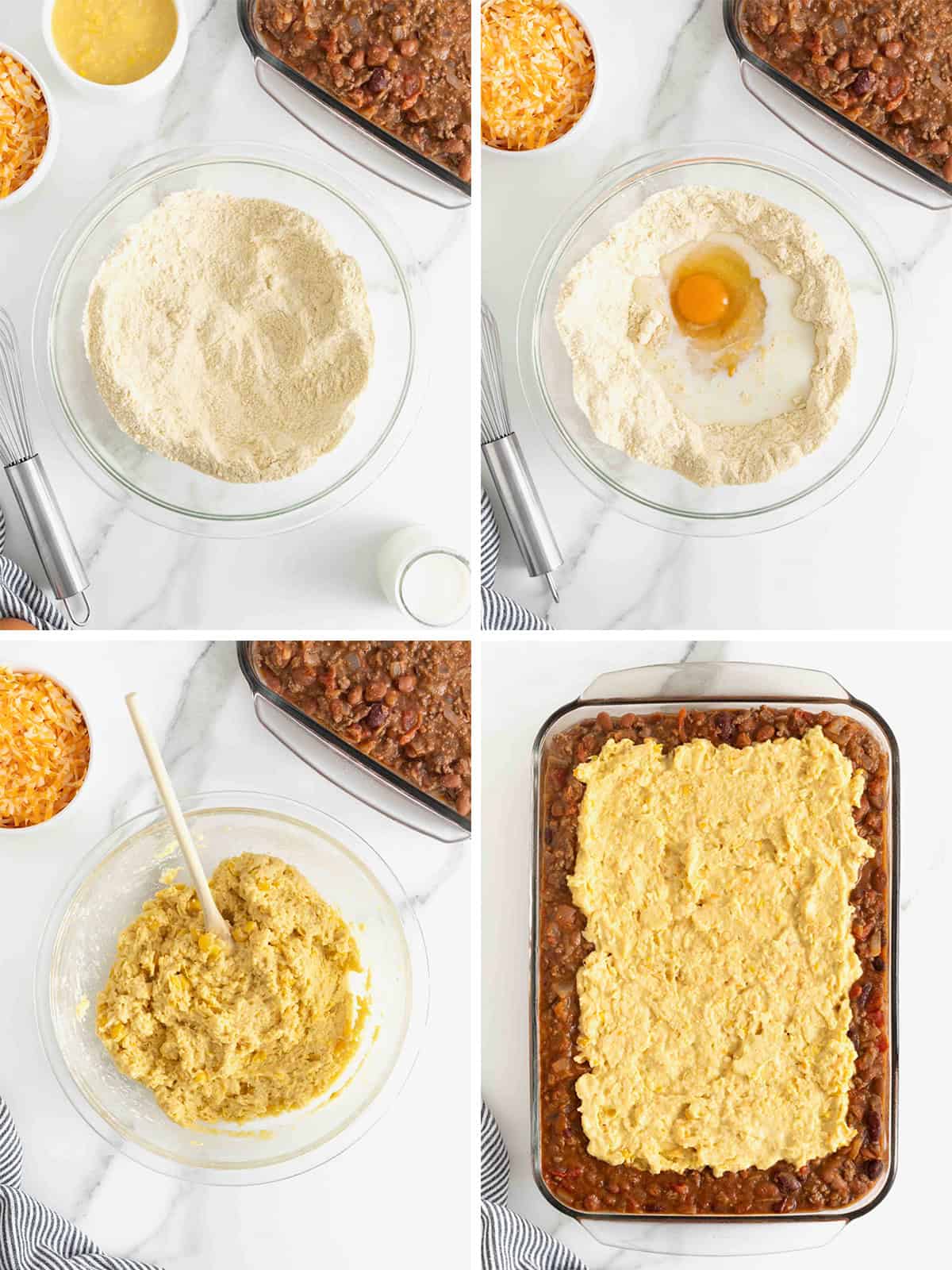 Steps to make chili corn bread casserole.
