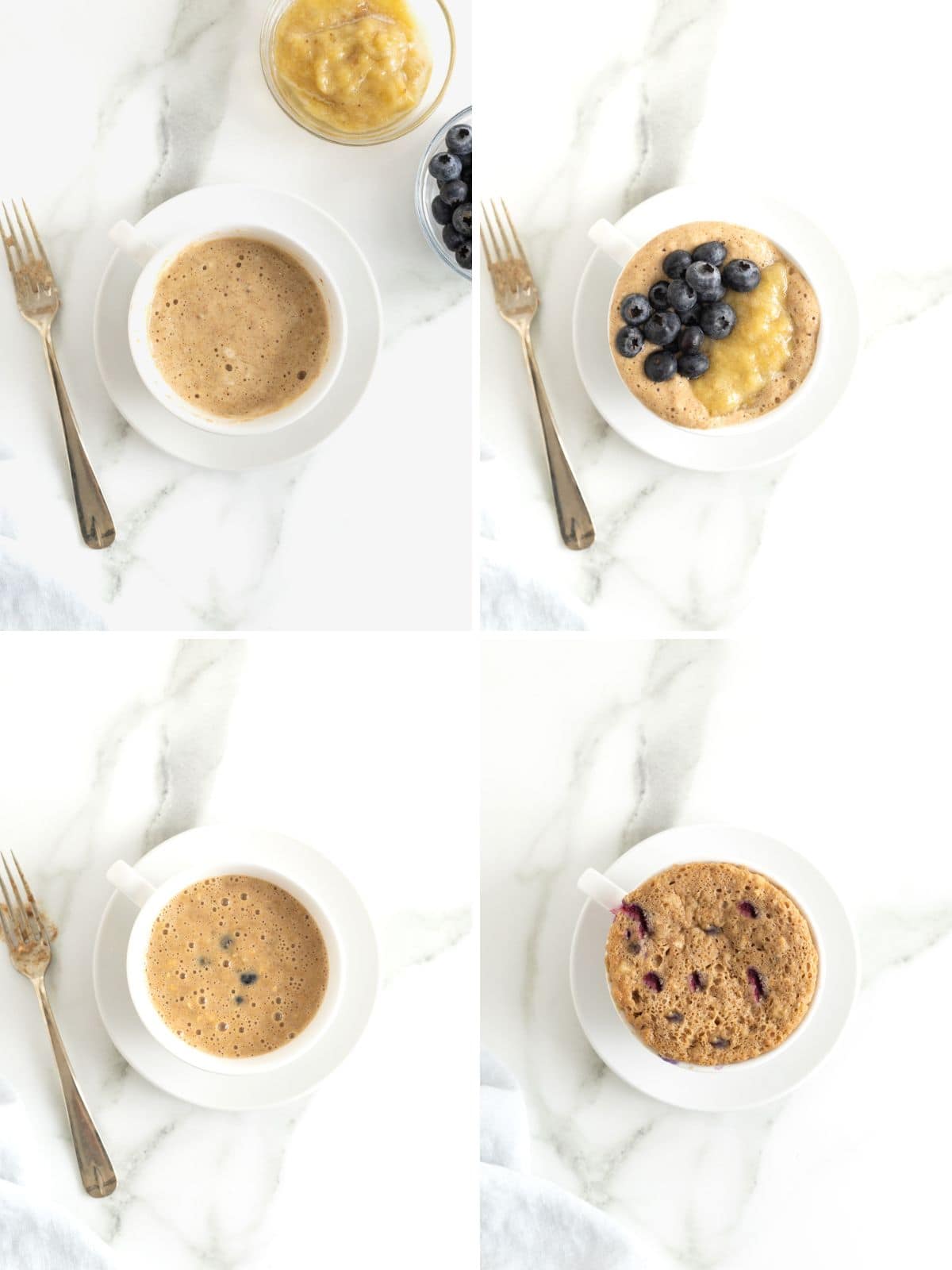 Steps to make microwave blueberry banana muffin in a mug.