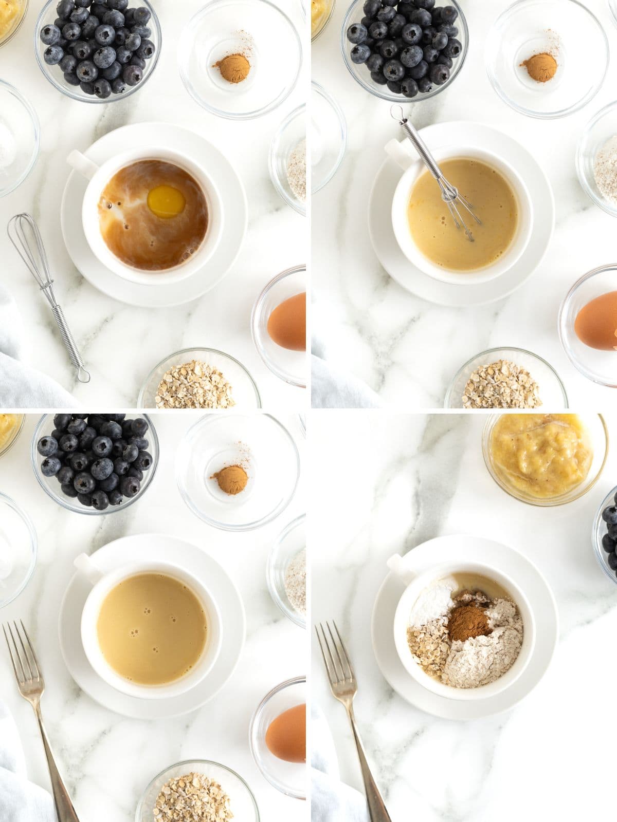 Steps to make microwave blueberry banana muffin in a mug.