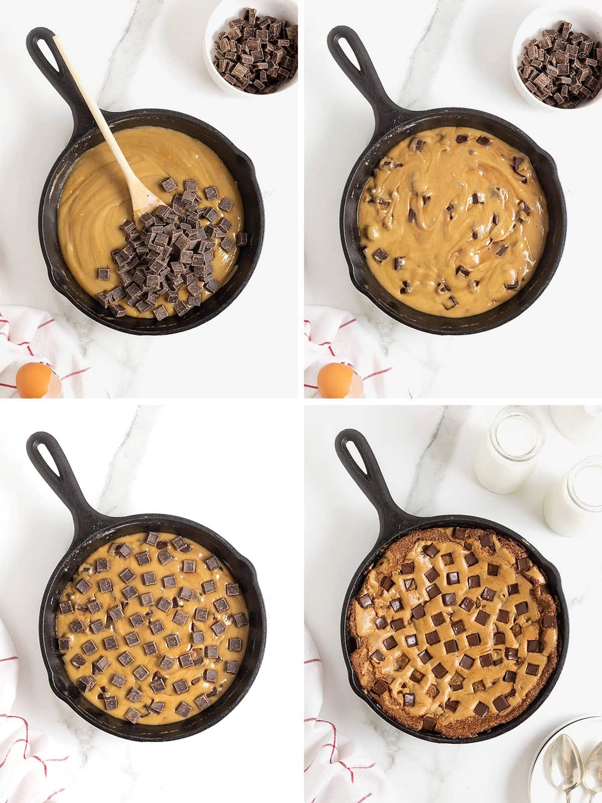 Steps to make a chocolate chunk skillet cookie.