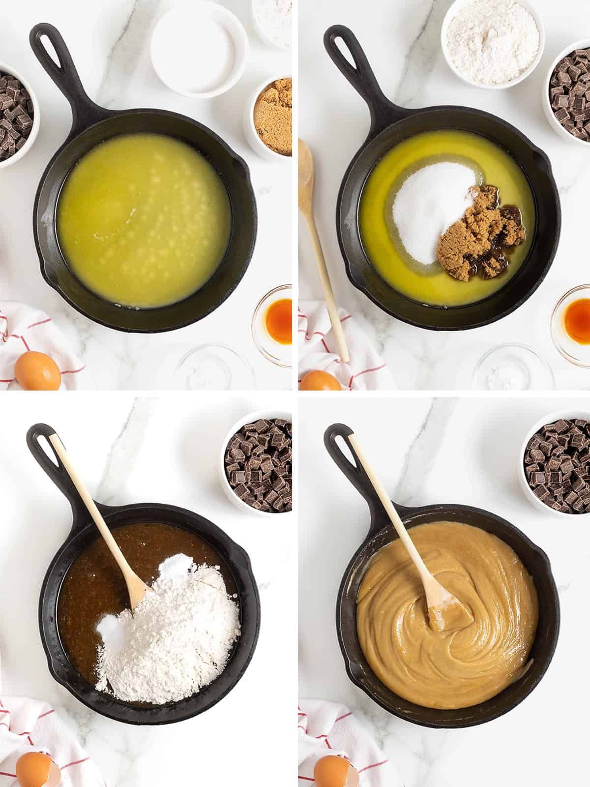 Steps to make a chocolate chunk skillet cookie.