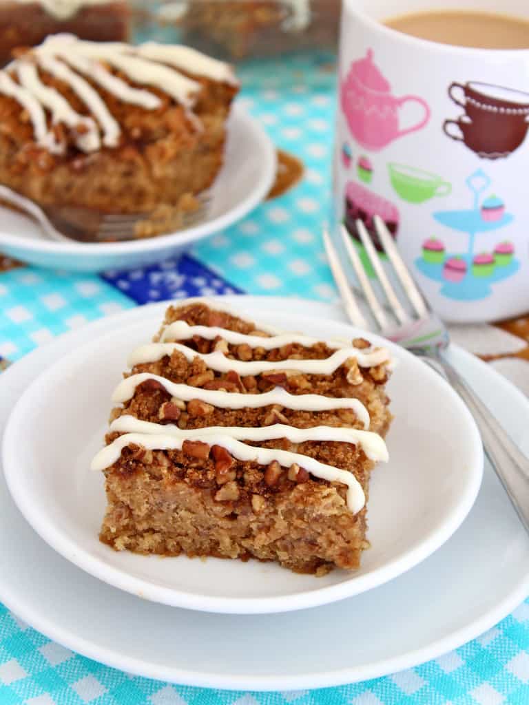 Cream Cheese Coffee Cake - incredibly moist with the perfect amount of pecan crumb topping and a sweet cream cheese drizzle to top it all off.