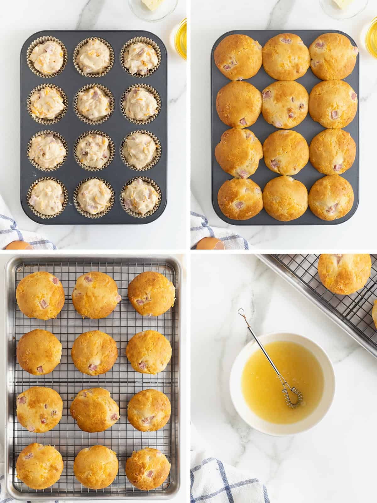 Steps to make honey glazed ham and cheddar muffins.