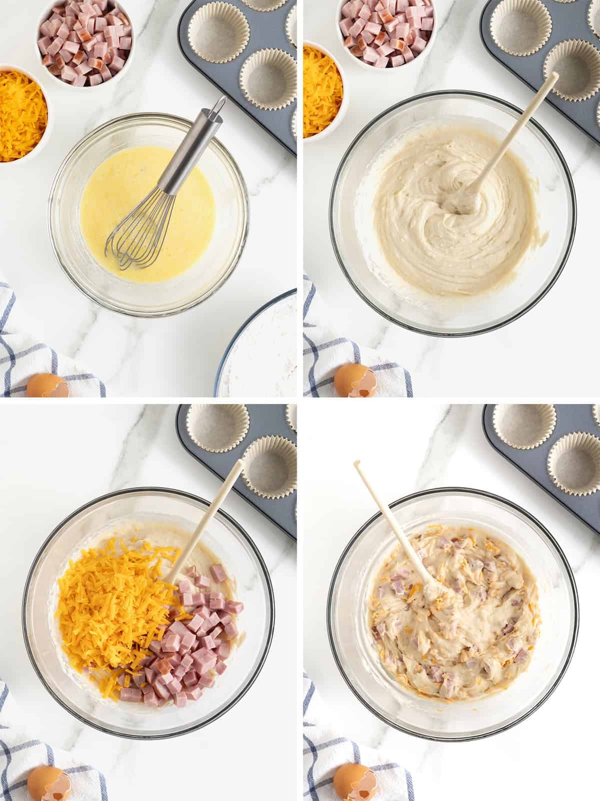 Steps to make ham and cheddar muffins.