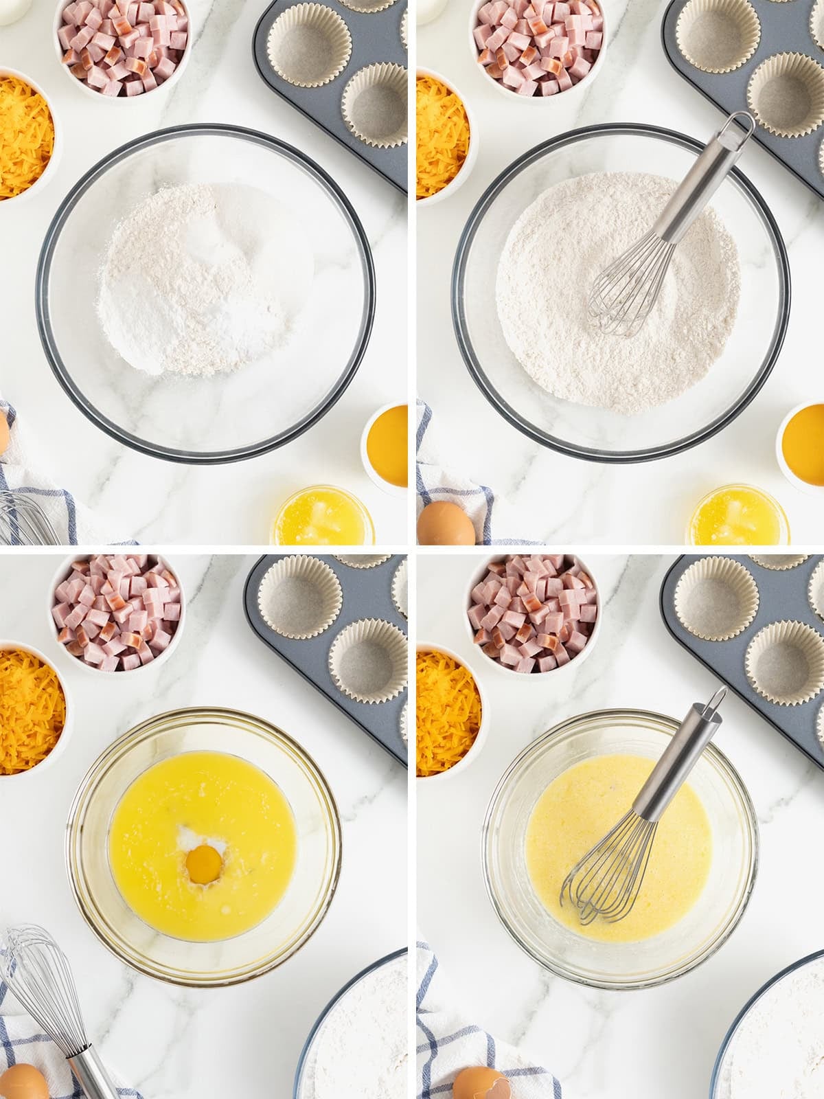 Steps to make ham and cheddar muffins with a honey glaze.