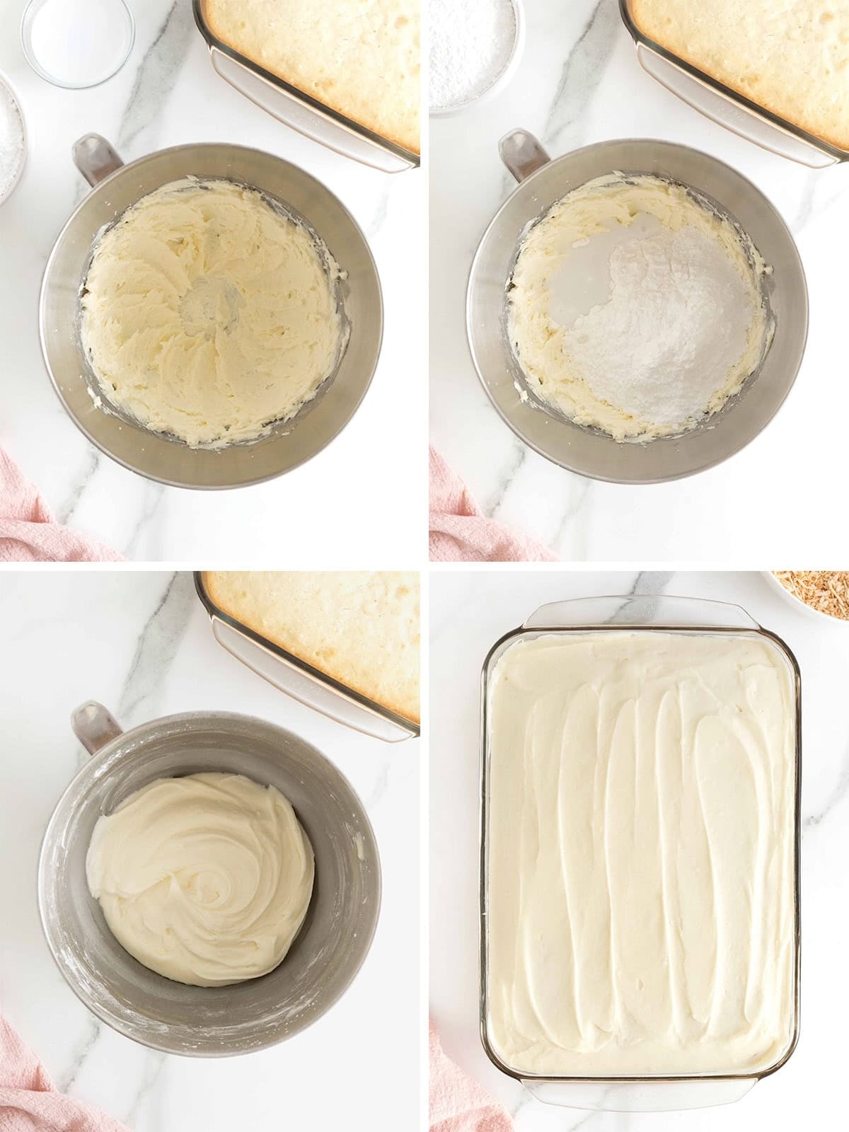 Steps to make a coconut cream sheet cake.