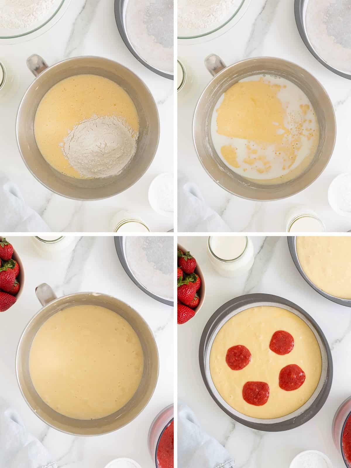 Steps to make a 3-layer strawberries and cream swirl cake.