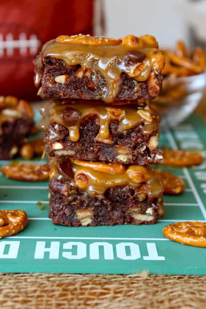Touchdown Brownies - super fudgy and loaded with winning players like caramel, pecans and pretzels!