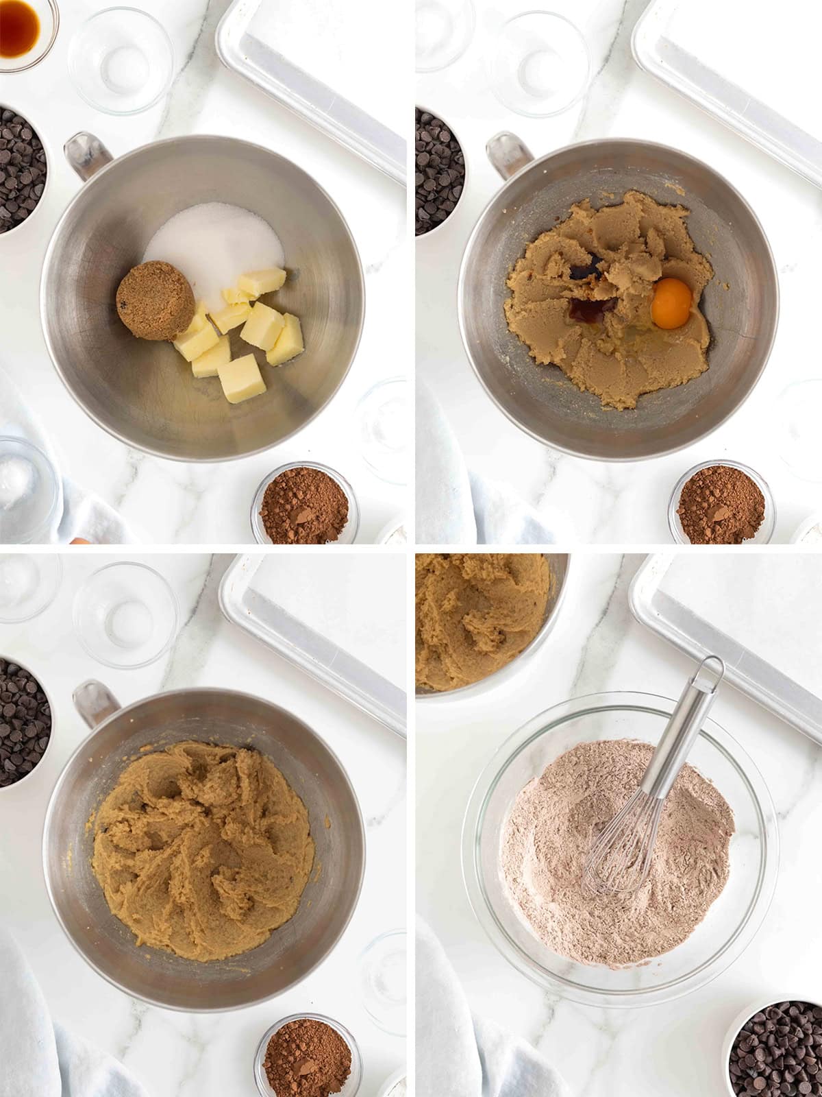 Steps to make chocolate chocolate chip cookies.