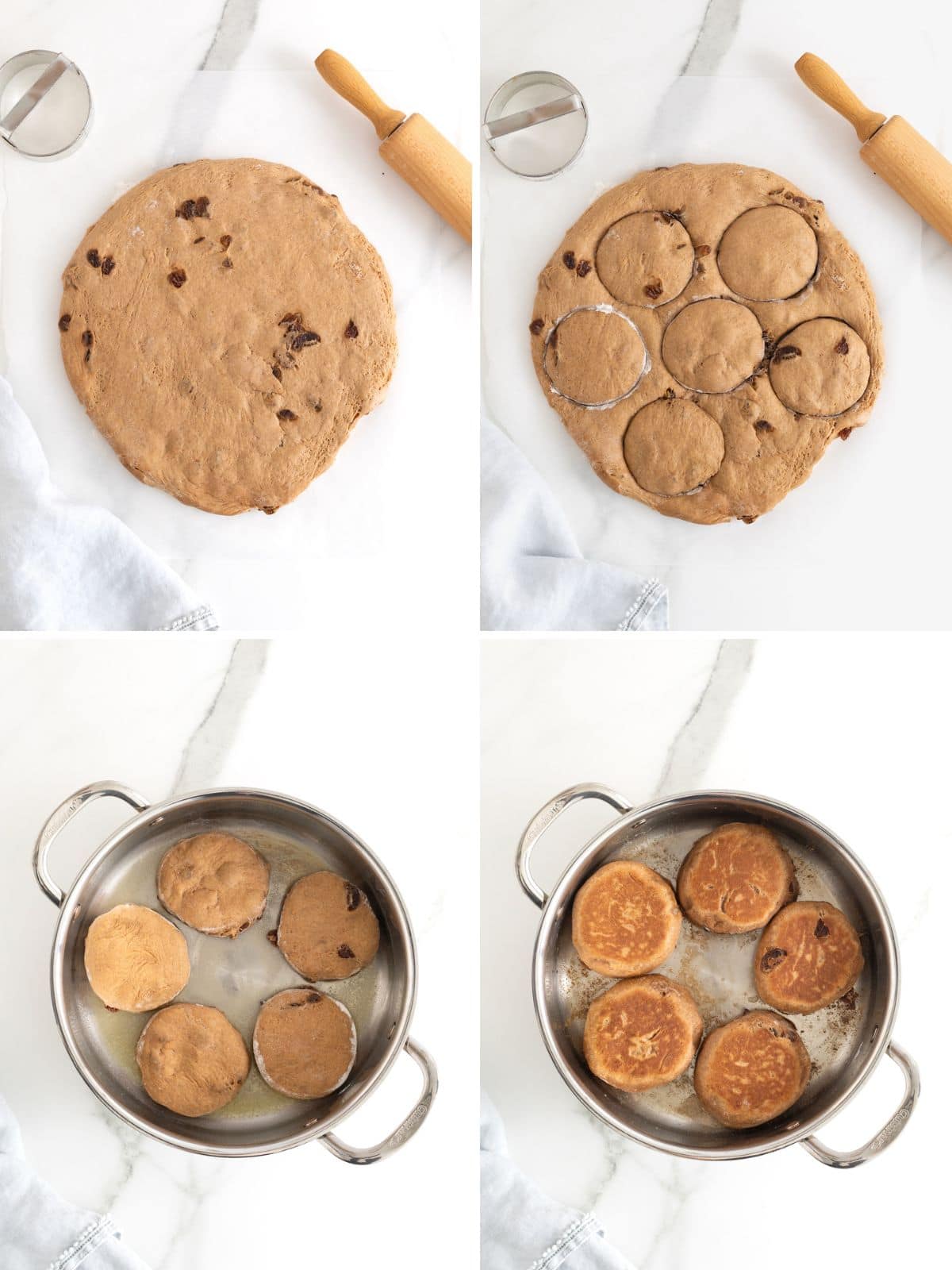 Steps to make cinnamon raisin English muffins.
