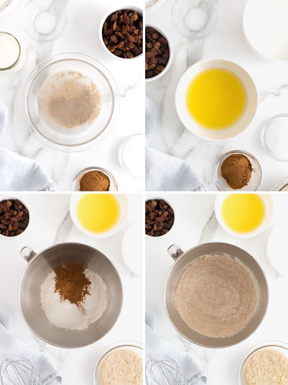 Steps to make cinnamon raisin English muffins.
