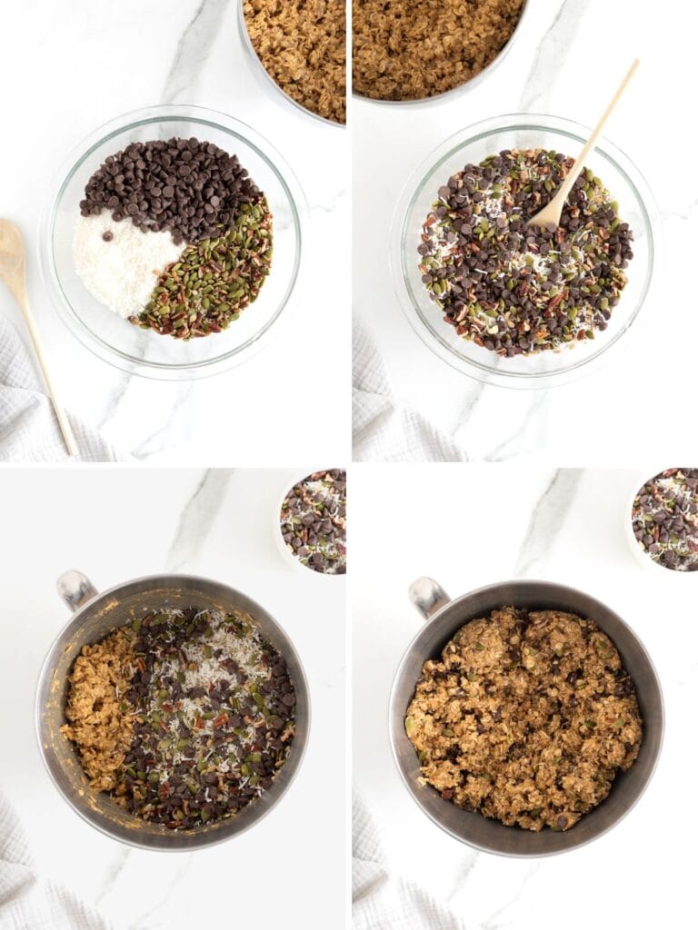 Steps to make coconut chocolate chip granola bars.