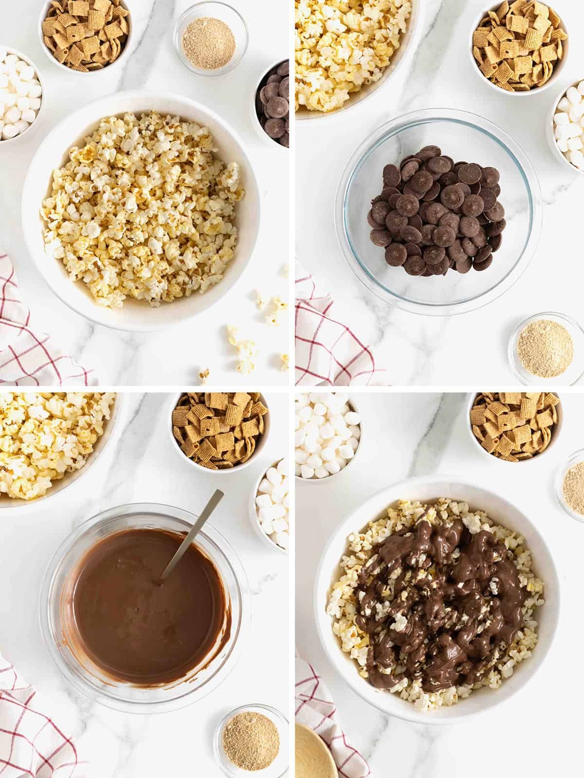 Steps to make s'mores popcorn snack mix.