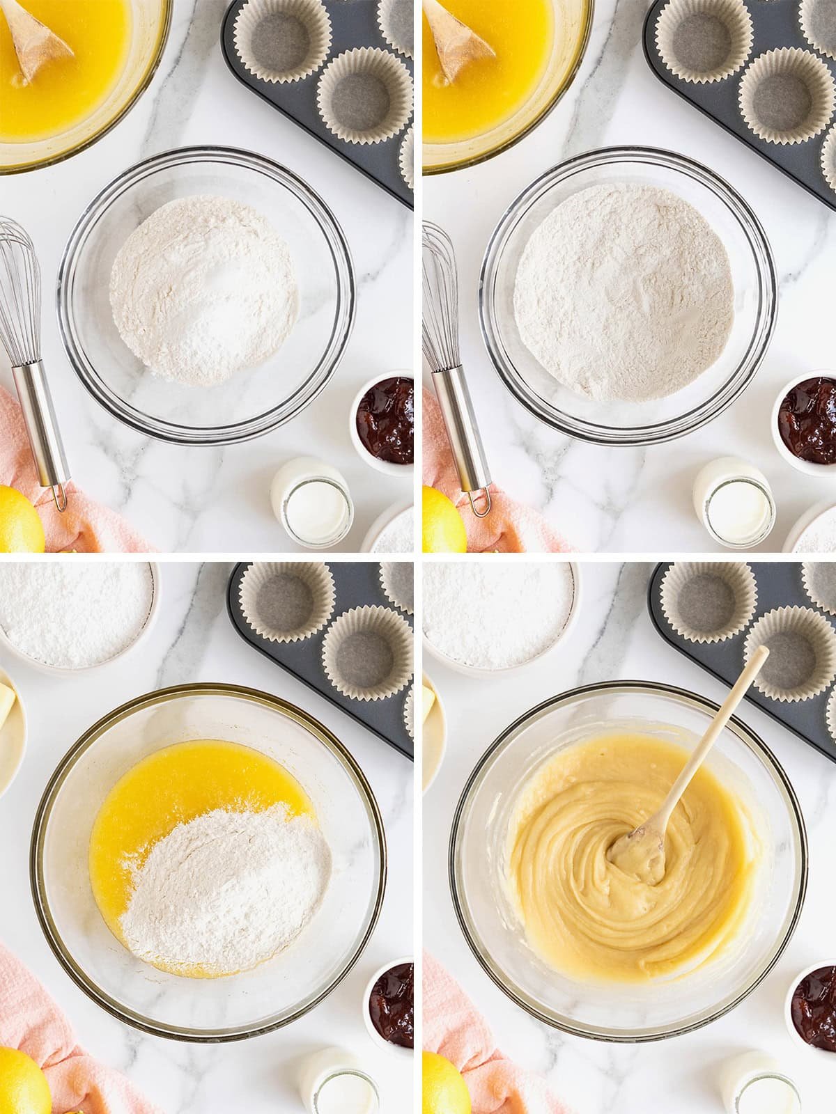 Steps to make strawberry lemonade cupcake batter.