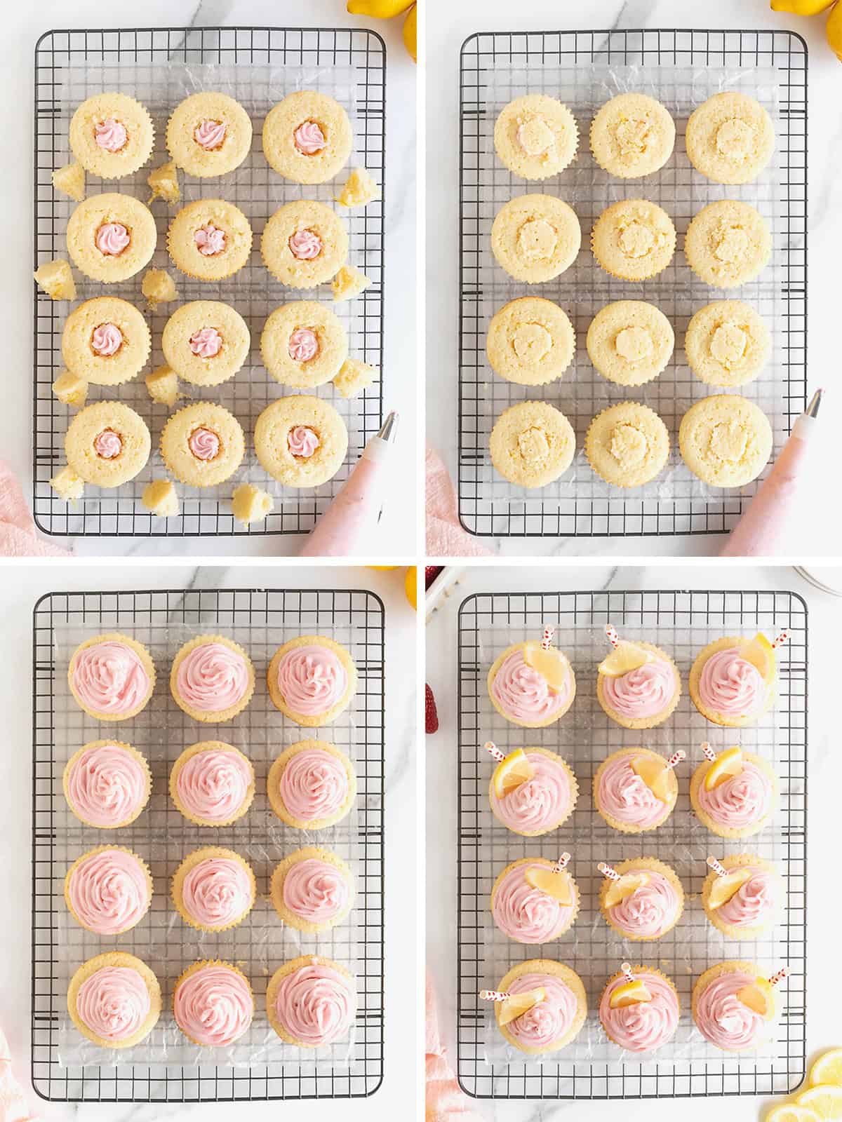 Steps to make strawberry lemonade cupcakes.