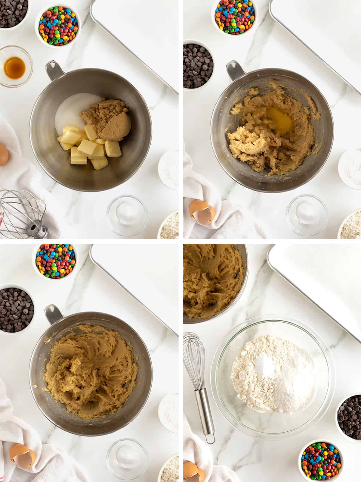 Steps to make cookie dough for M&M chocolate chip pudding cookies.