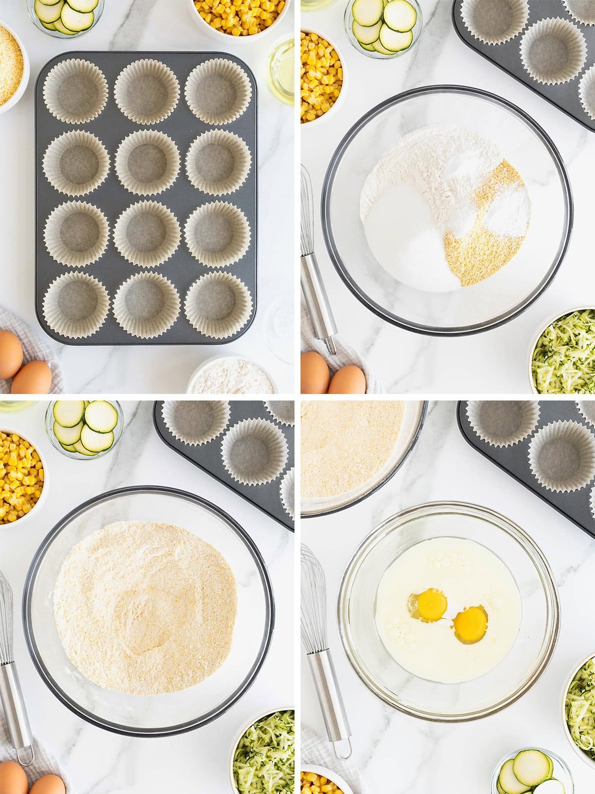 Steps to make zucchini corn muffins.