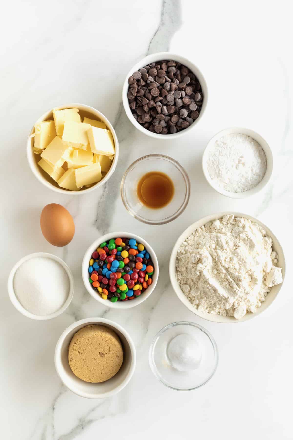 Ingredients to make M&M chocolate chip pudding cookies.