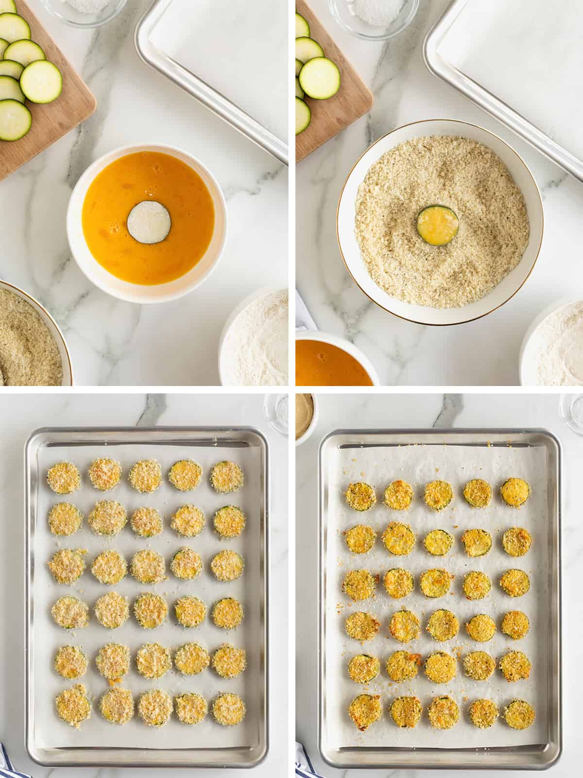 Steps to make baked zucchini chips.