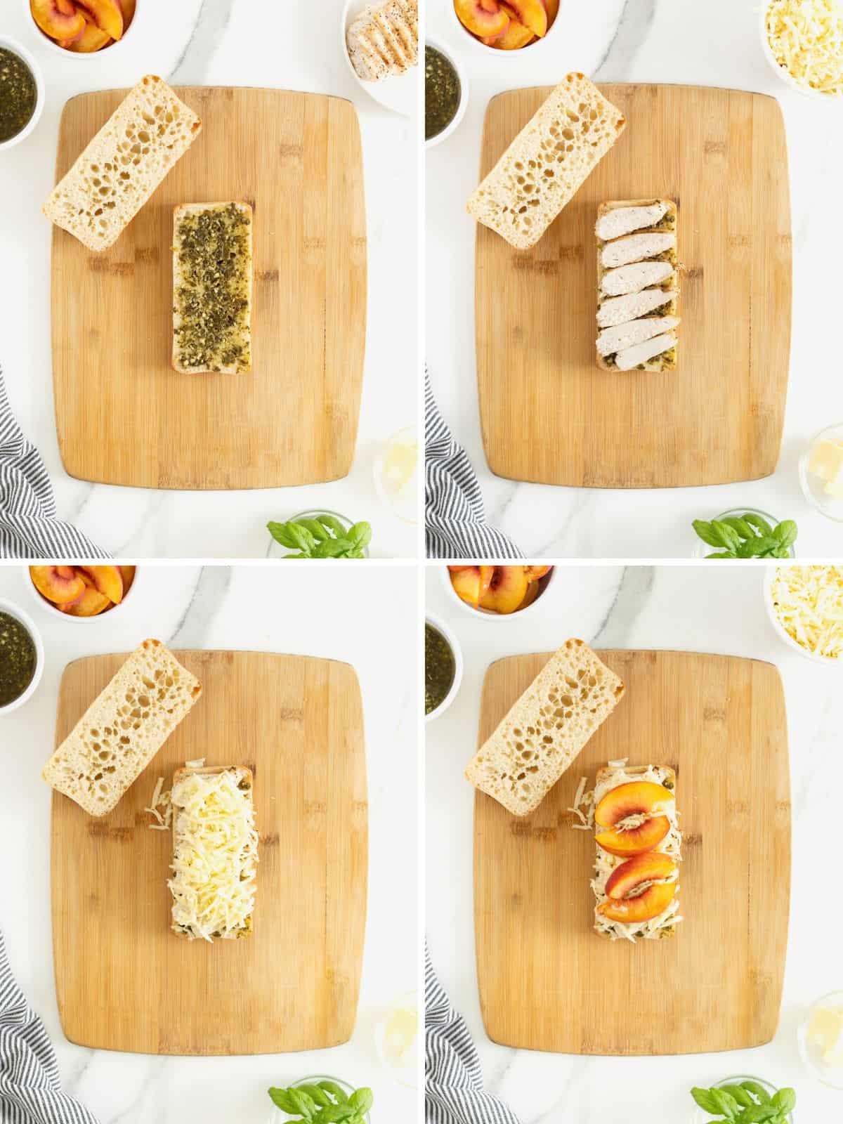 Steps to make grilled chicken panini with peaches and pesto.