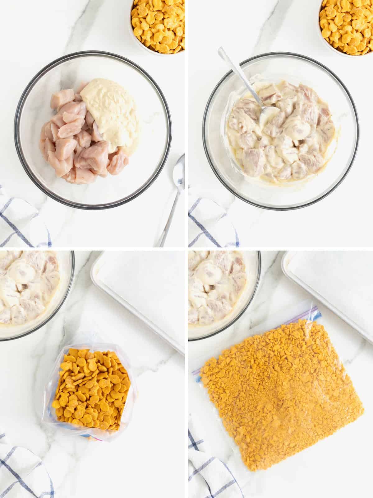 Steps to make goldfish chicken nuggets.